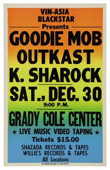 View full screen - View 1 of Lot 112. OUTKAST | "VIN-ASIA BLACKSTAR PRESENTS GOODIE MOB, OUTKAST, AND K. SHAROCK" VINTAGE CONCERT POSTER, 1995.