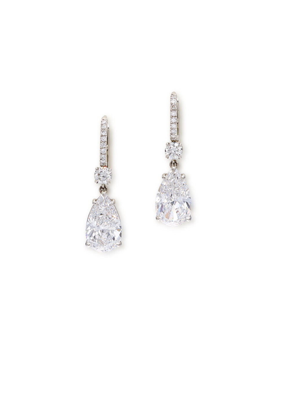 View full screen - View 1 of Lot 1714. Pair of Diamond Pendent Earrings | 3.17及3.10克拉 梨形 D色內部無暇 耳墜一對.
