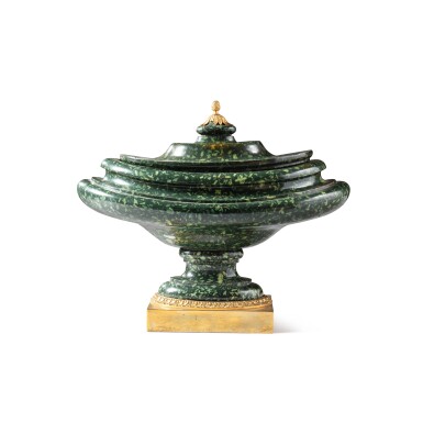 View full screen - View 1 of Lot 157. A Louis XVI gilt-bronze mounted Greek green porphyry vase nacelle, circa 1780 | Vase nacelle et son couvercle en porphyre vert de Grèce et monture de bronze doré d'époque Louis XVI, vers 1780.