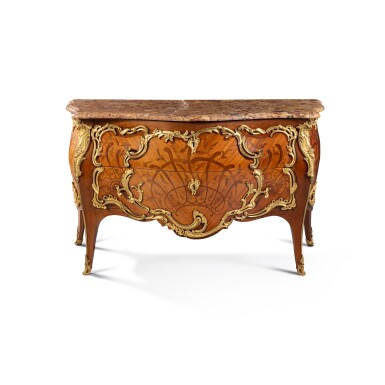 View full screen - View 1 of Lot 17. A Louis XV gilt-bronze mounted kingwood, amaranth and satiné marquetered commode, circa 1750, stamped by Jacques-Philippe Carel.