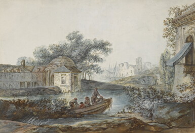 View full screen - View 1 of Lot 761. Attributed to Alexandre Jean Noël | A RIVER LANDSCAPE WITH FISHERMAN IN A BOAT AND RUINED CHURCH IN THE BACKGROUND.