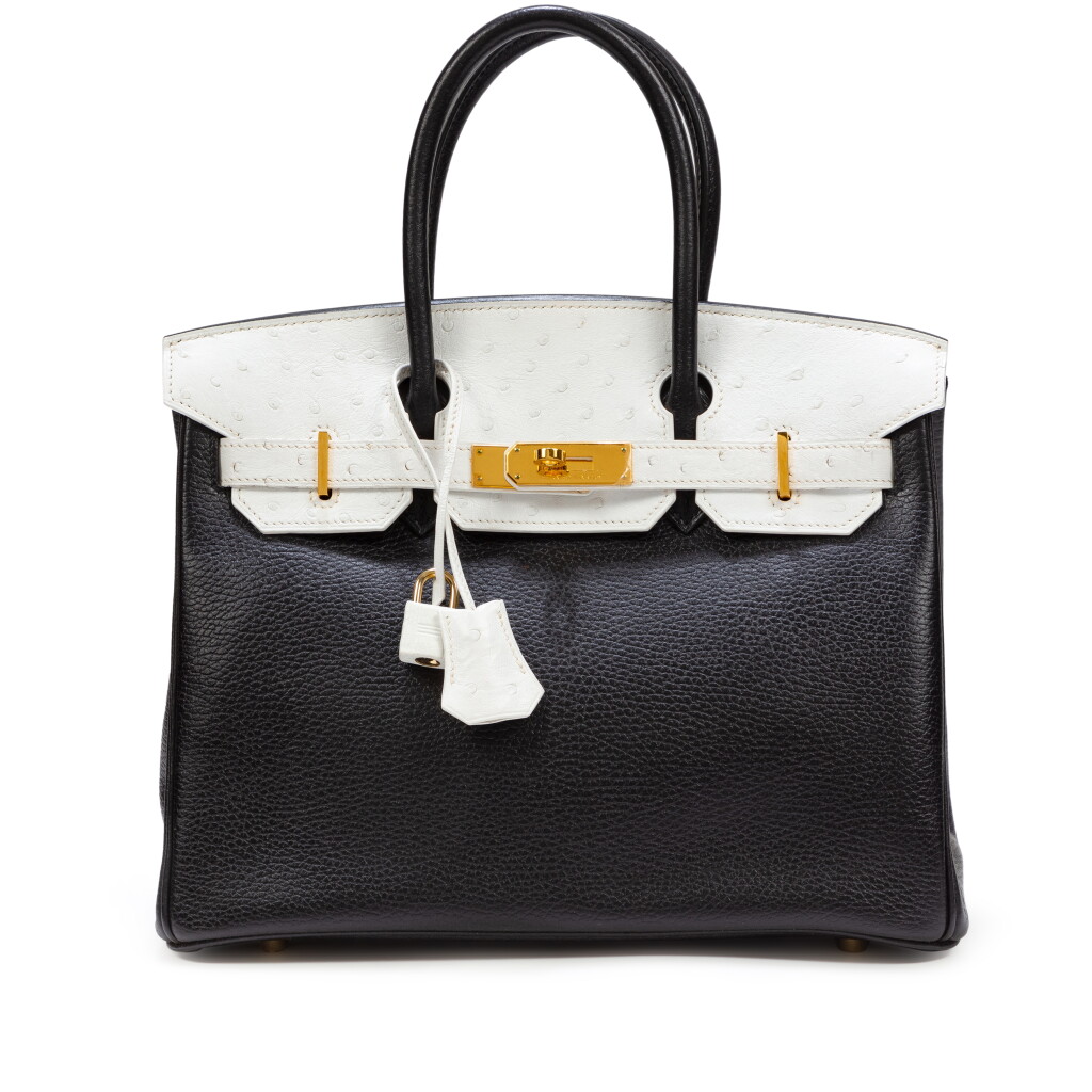View full screen - View 1 of Lot 711. Limited Edition Black and White Ostrich and Togo Birkin 30 Gold Hardware, 2005 .