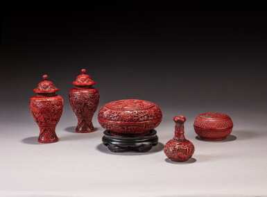 View full screen - View 1 of Lot 309. A group of five carved cinnabar lacquer wares, Qing dynasty.