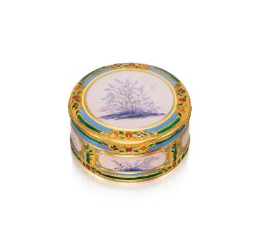 View full screen - View 1 of Lot 92. A Small Circular Gold and Enamel Snuff Box, Hanau, Circa 1780.