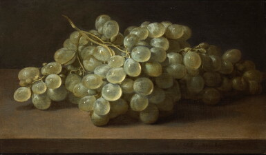 View full screen - View 1 of Lot 364. Still life of a bunch of white grapes on a ledge.