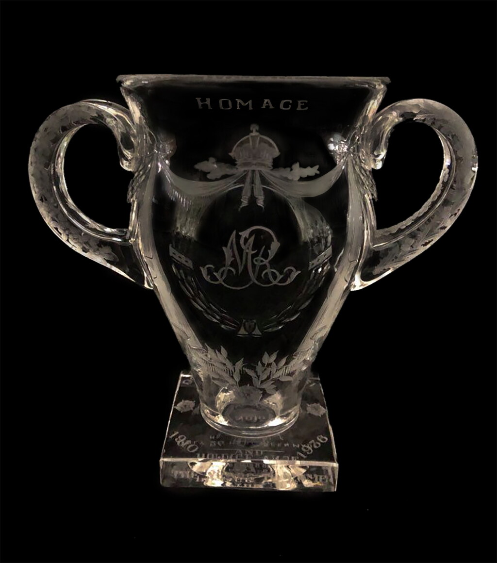 View full screen - View 1 of Lot 7. "THE HOMAGE VASE", An engraved two-handle ovoid vase celebrating Queen Mary, 1937.