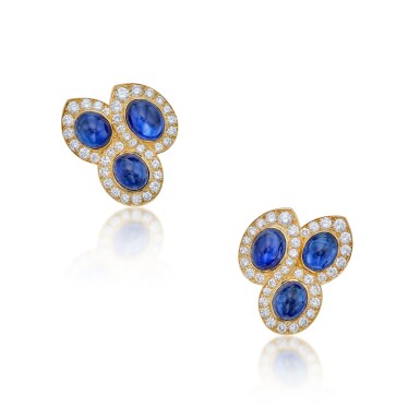 View full screen - View 1 of Lot 135. Pair of Sapphire and Diamond Earclips, France.