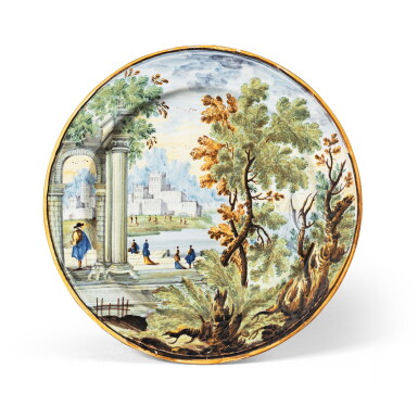 View full screen - View 1 of Lot 57. A maiolica circular dish, Castelli, Grue workshop, circa 1730 .