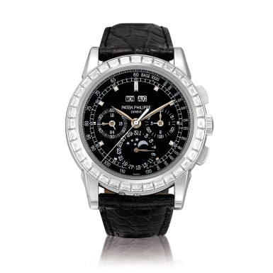 View full screen - View 1 of Lot 2119. Patek Philippe | Reference 5971, A platinum and baguette diamond-set perpetual calendar chronograph wristwatch with moon phases, 24 hours and leap year indication, Made in 2010 | 百達翡麗 | 型號5971 鉑金鑲鑽石萬年曆計時腕錶,備月相、24小時及閏年顯示,2010年製.