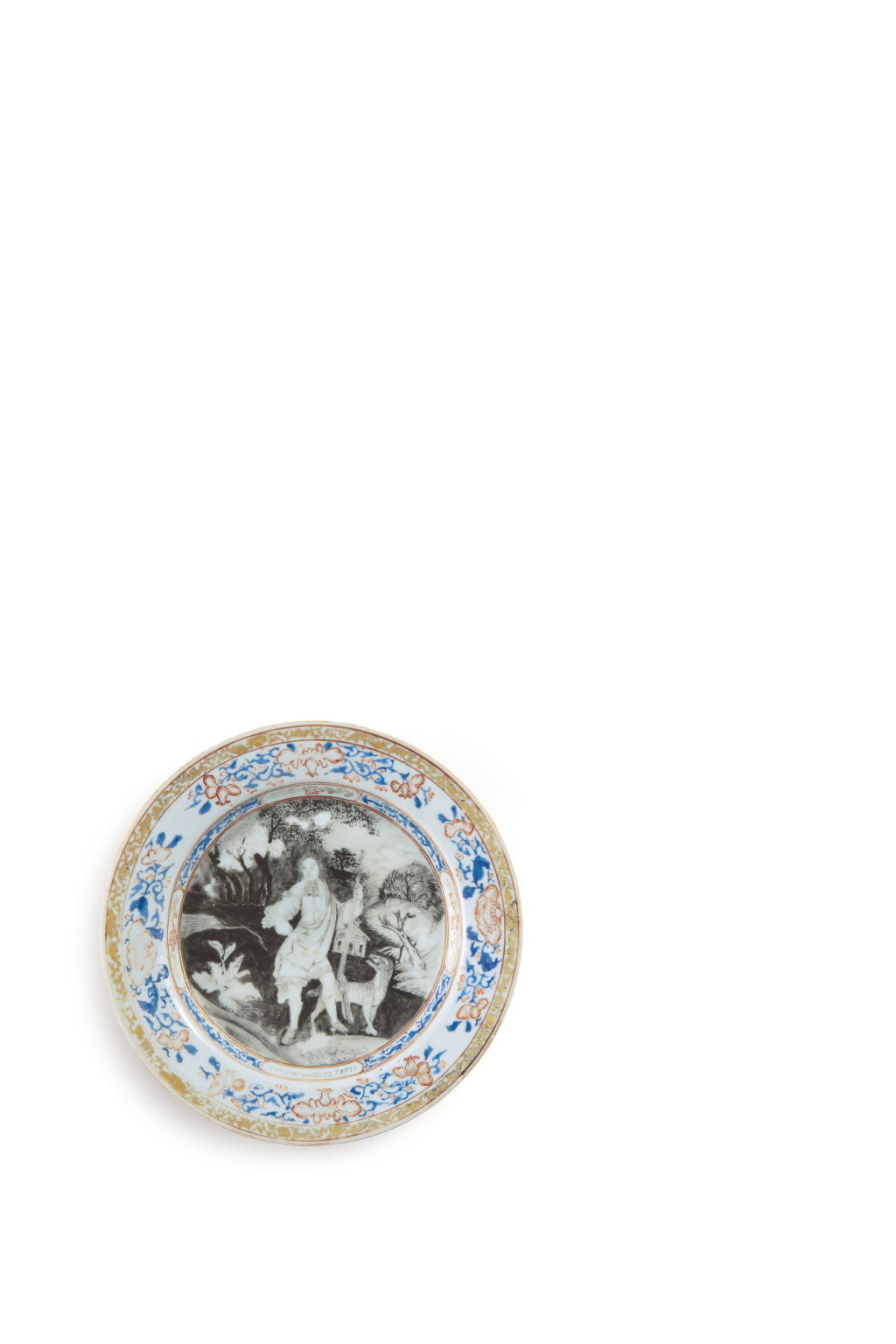 View full screen - View 1 of Lot 1923. A RARE CHINESE EXPORT EUROPEAN SUBJECT PLATE, QING DYNASTY, QIANLONG PERIOD |清乾隆 墨彩描金西洋人物圖盤 .