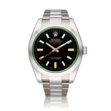 View full screen - View 1 of Lot 33. Reference 116400GV Milgauss | A stainless steel automatic antimagnetic wristwatch with green sapphire crystal and bracelet, Circa 2008.