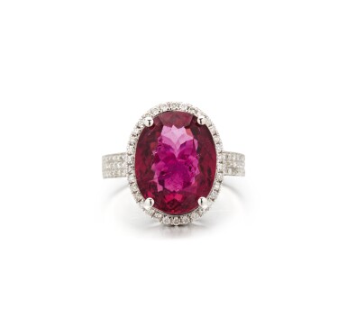 View full screen - View 1 of Lot 26. PINK TOURMALINE AND DIAMOND RING.
