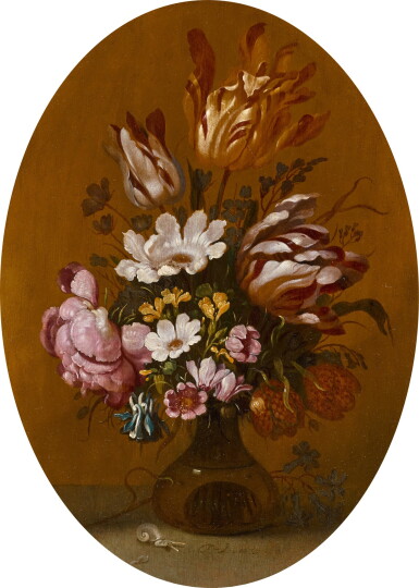 View full screen - View 1 of Lot 309. A still life of parrot tulips, roses and other flowers, in a glass vase.