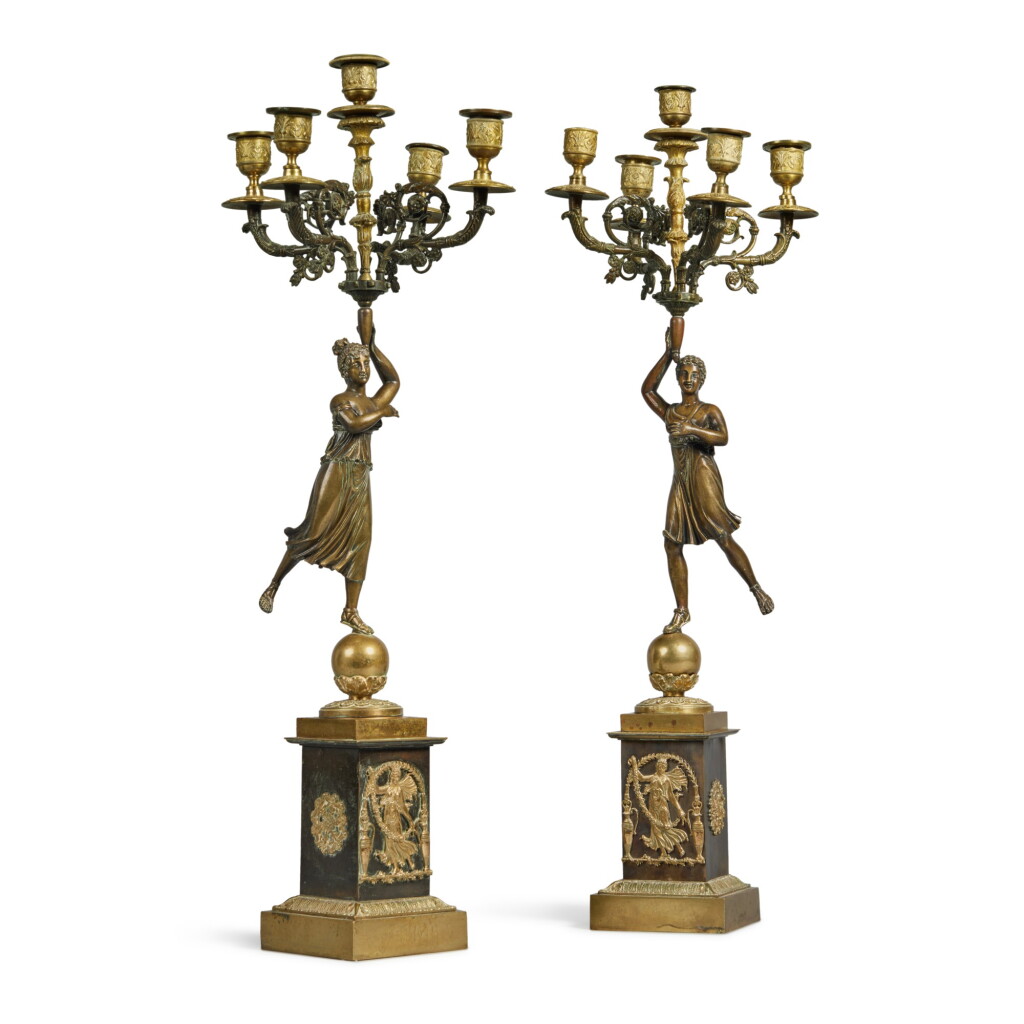 View full screen - View 1 of Lot 176. A Pair of Empire Gilt and Patinated Bronze Five-Light Candelabra, Circa 1815-20.
