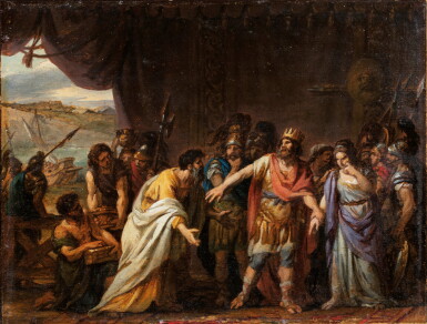 View full screen - View 1 of Lot 107. Agamemnon in his tent refusing to give Chryseis back to her father | Agamemnon dans sa tente refusant de rendre Chryséis à son père.
