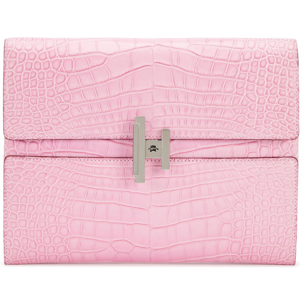 View full screen - View 1 of Lot 53. 5P Bubblegum Pink Matte Alligator Cinhetic Clutch Palladium Hardware, 2020 .