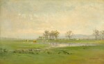 IVAN PAVLOVICH POKHITONOV | COWS IN A FLOODED MEADOW (THE HAMLET OF LES HOULPAYS IN THE BACKGROUND)
