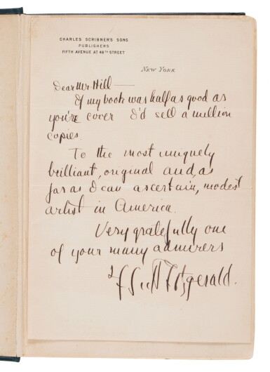 View full screen - View 1 of Lot 131. Fitzgerald, F. Scott | Fitzgerald praises the jacket designer for his first novel.