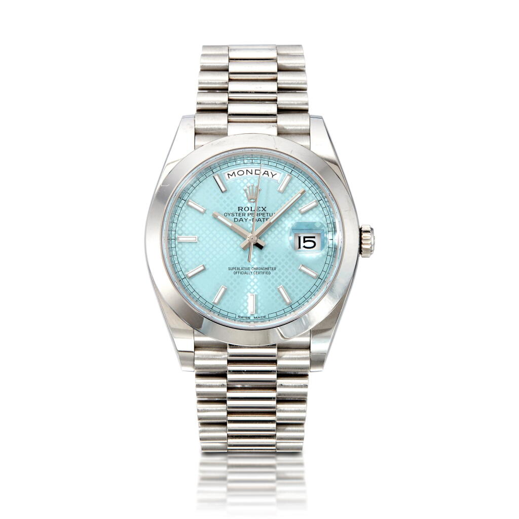 View full screen - View 1 of Lot 41. Reference 228206 Day-Date, A platinum automatic wristwatch with day, date, and bracelet, Circa 2017 勞力士 228206型號 Day-Date 鉑金自動上鏈鍊帶腕錶備日期及星期顯示,約2017年製.