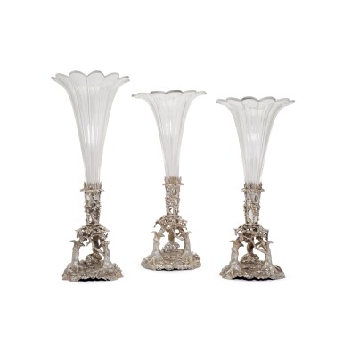 View full screen - View 1 of Lot 21. A set of three electro plated centrepiece/vases, James Dixon & Sons, Sheffield, circa 1880.