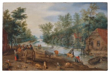 View full screen - View 1 of Lot 261. Wooded River Landscape with Farmhouses, Figures, and Livestock.