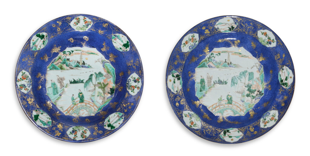 View full screen - View 1 of Lot 593. A fine pair of large powder-blue-ground famille-verte 'landscape' dishes, Qing dynasty, Kangxi period | 清康熙 灑藍地描金開光五彩山水高士圖盤一對.