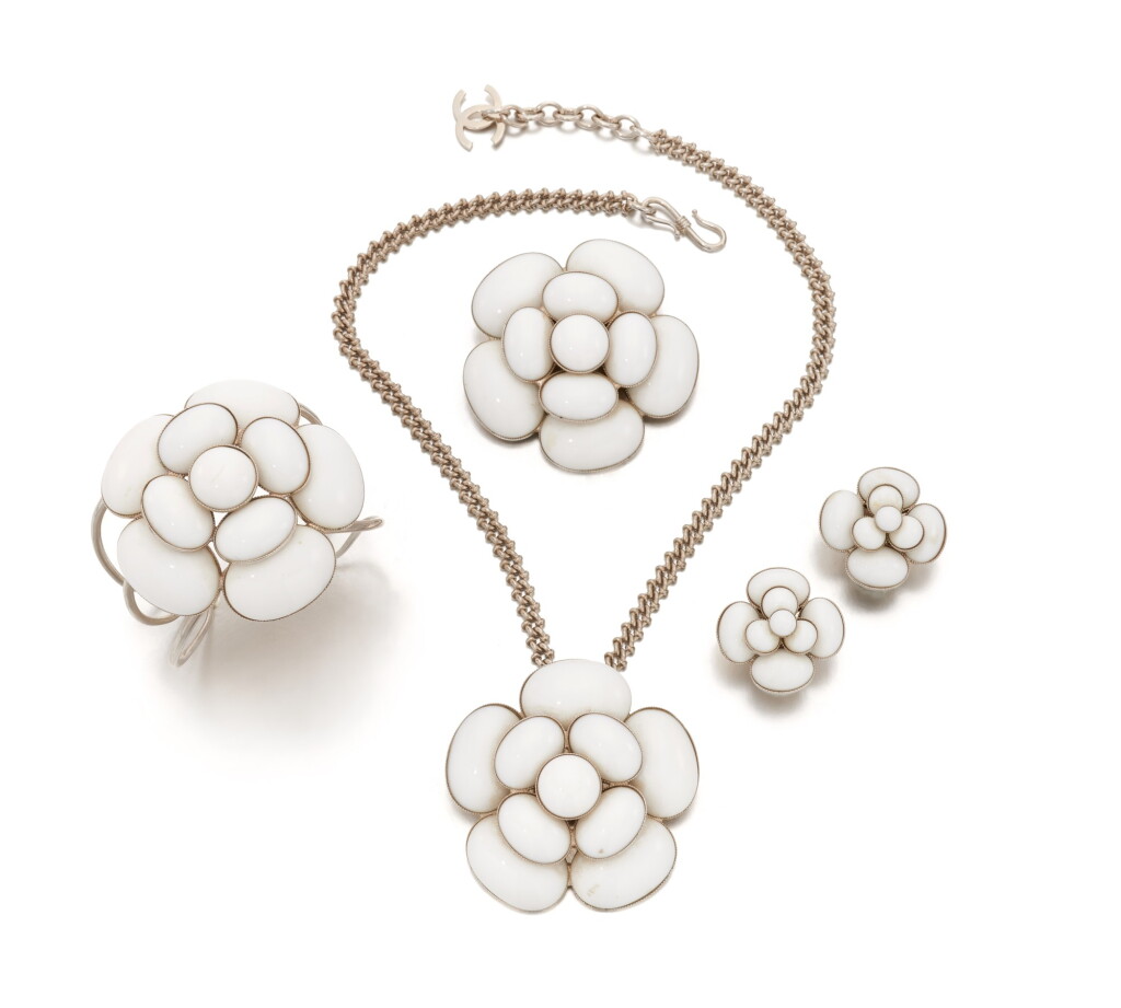 View full screen - View 1 of Lot 143. Collection of white Camellia jewelry.