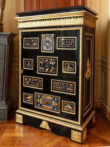 View full screen - View 1 of Lot 68. A Louis-Philippe ebony veneered, gilt-bronze mounts and hardstones plaques cabinet, stamped Alexandre Bellangé, the plaques workshop of the Médicis, Florence, 17th century | Grand cabinet en placage d’ébène, plaques de pierres dures et monture de bronze doré d’époque Louis-Philippe, estampille d’Alexandre Bellangé, les plaques atelier des Médicis, Florence, XVIIe siècle.