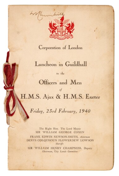 View full screen - View 1 of Lot 154. Sir Winston Churchill | Menu signed for luncheon given to crews on HMS Ajax and Exeter, 23 February 1940.