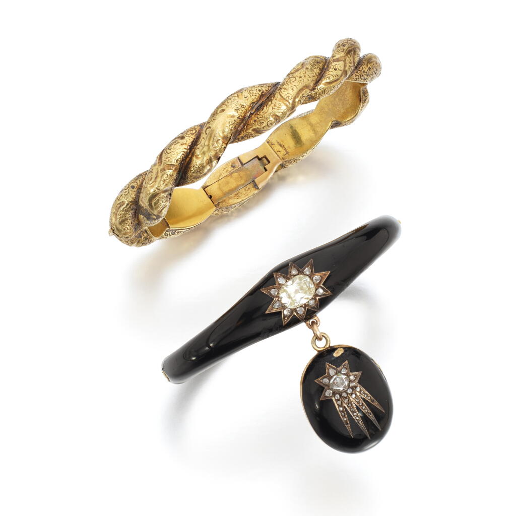 View full screen - View 1 of Lot 1136. Enamel and diamond bangle, 1850s and a gold bangle, 1840s.