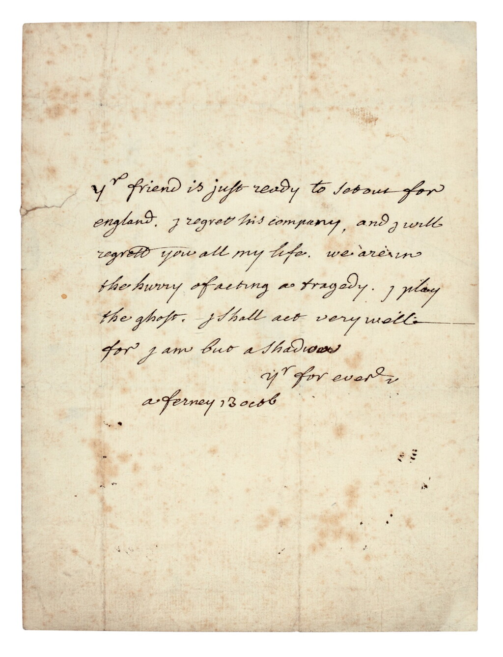 View full screen - View 1 of Lot 127. VOLTAIRE | autograph letter signed, in English, to George Keate, c.1762.
