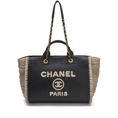 View full screen - View 1 of Lot 161. Black Calf and Crochet Large Deauville Shopping Tote Gold Hardware, 2022.