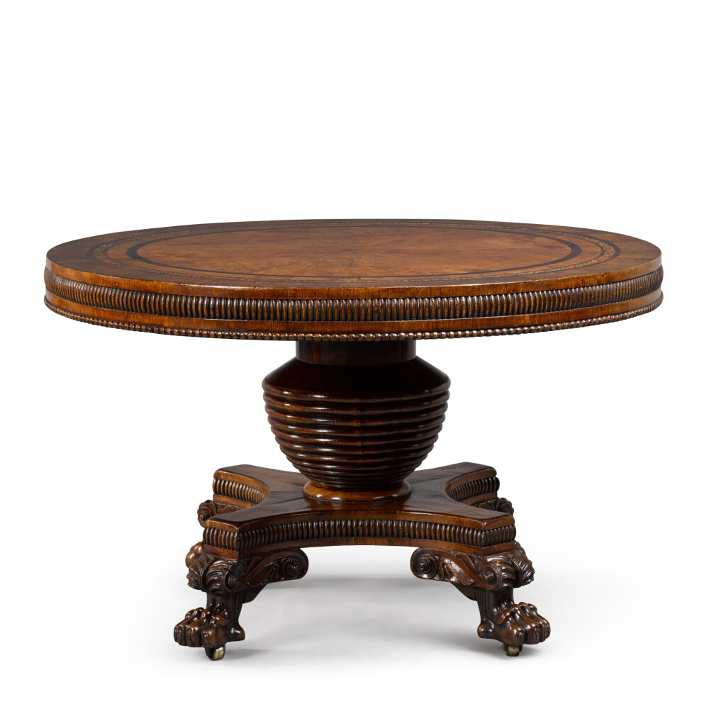 View full screen - View 1 of Lot 106. A GEORGE IV BURR OAK, ROSEWOOD AND MARQUETRY CENTRE TABLE BY JOSEPH AND SAMUEL HARPER.