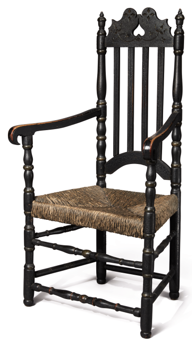 View full screen - View 1 of Lot 1121. VERY FINE AND RARE WILLIAM AND MARY CARVED AND BLACK-PAINTED BANISTER-BACK ARMCHAIR, CONNECTICUT OR RHODE ISLAND, CIRCA 1735.