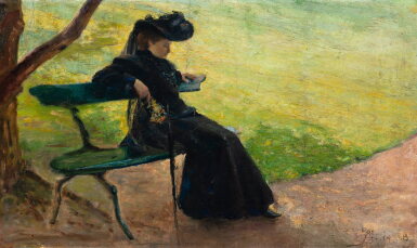 View full screen - View 1 of Lot 133. Woman seating on a bench | Femme sur un banc.