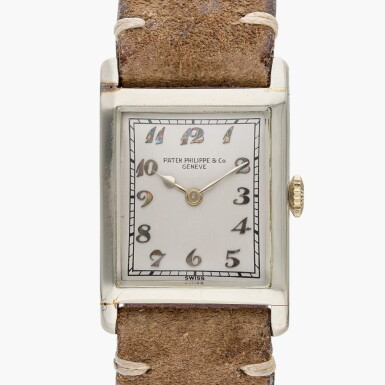 View full screen - View 1 of Lot 328. A white gold rectangular wristwatch with Breguet numerals dial, Circa 1924.