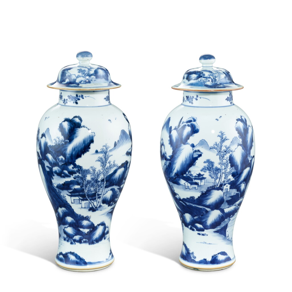 View full screen - View 1 of Lot 3340. A pair of blue and white 'landscape' vases and covers, Qing dynasty, Kangxi period | 清康熙 青花山水圖蓋瓶 一對 .