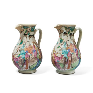 View full screen - View 1 of Lot 618. A Rare Large Pair of Chinese Export 'Figural' Jugs, Qing Dynasty, Qianlong Period, circa 1780.