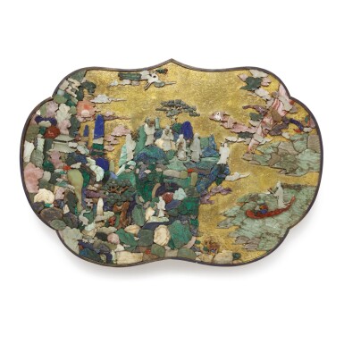 View full screen - View 1 of Lot 669. AN EXTRAORIDINARY AND RARE 'DAOIST IMMORTALS' HARDSTONE-INLAID PANEL, QING DYNASTY, QIANLONG PERIOD.