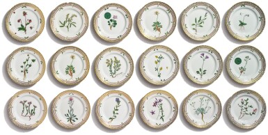 View full screen - View 1 of Lot 159. EIGHTEEN ROYAL COPENHAGEN 'FLORA DANICA' BREAD AND BUTTER PLATES, MODERN.
