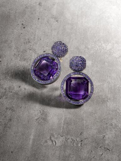 View full screen - View 1 of Lot 16. Pair of Amethyst and Purple Sapphire Earclips.