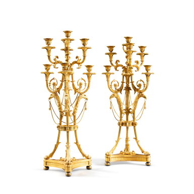 View full screen - View 1 of Lot 36. A pair of Louis XVI gilt-bronze seven-light candelabra, circa 1789, attributed to François Rémond, almost probably supplied by Dominique Daguerre.