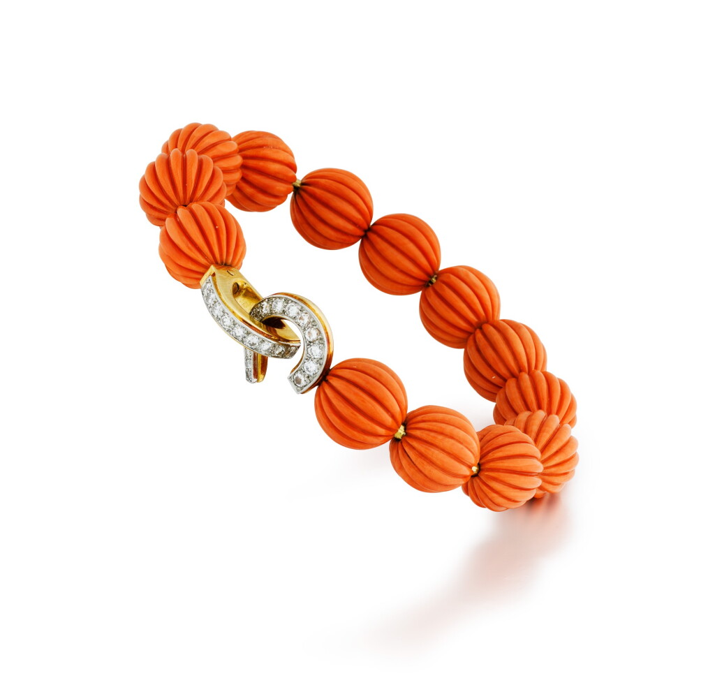 View full screen - View 1 of Lot 9. Coral and diamond bracelet | Bracelet corail et diamants.