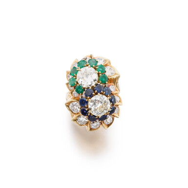 View full screen - View 1 of Lot 460. Diamond, sapphire and emerald ring.