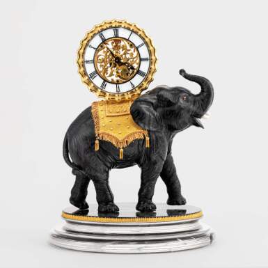 View full screen - View 1 of Lot 32. Obsidian, Diamond and Gold Standing Elephant Clock.