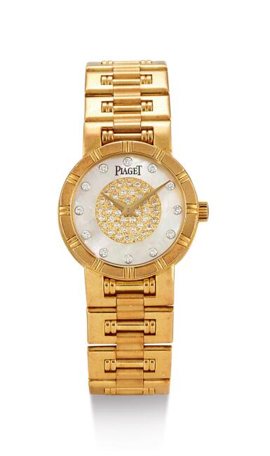 View full screen - View 1 of Lot 8086. PIAGET | DANCER, REFERENCE 90563, K81 A YELLOW GOLD AND DIAMOND-SET BRACELET WATCH WITH MOTHER-OF-PEARL DIAL, CIRCA 1995.
