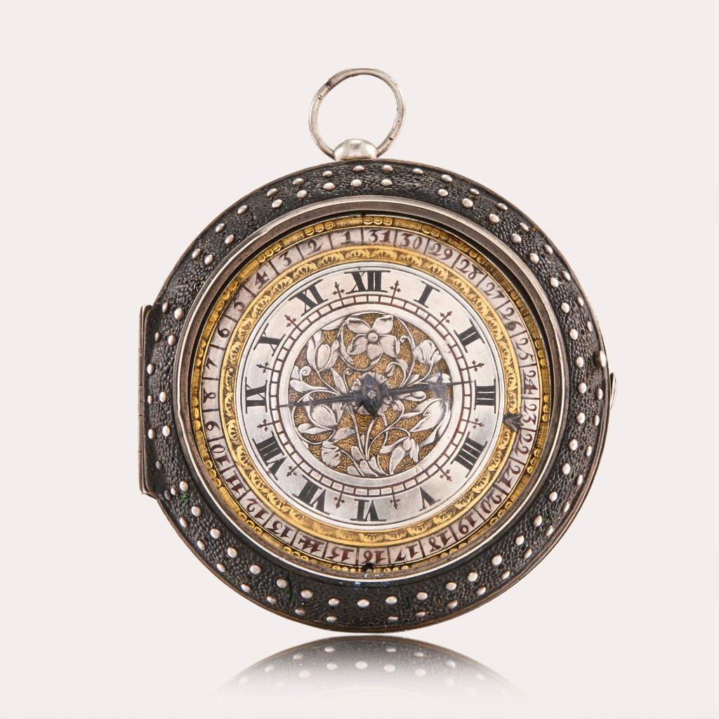 View full screen - View 1 of Lot 67. A rare and exceptional silver and leather covered pair cased pre-balance spring calendar verge watch of historical interest | Circa 1665-70.