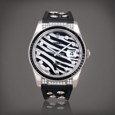 View full screen - View 1 of Lot 416. Datejust 'Zebra', reference 116199SANR Montre bracelet en or blanc sertie de diamants et saphirs noirs avec date | White gold, black sapphire and diamond-set wristwatch with date and bracelet Vers 2008 | Circa 2008.