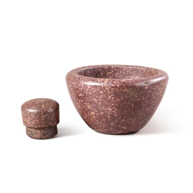 View full screen - View 1 of Lot 99. An Egyptian porphyry mortar and pestle, Italy, probably 17th/18th century | Mortier et pilon en porphyre égyptien, Italie, probablement XVIIeme siècle / XVIIIeme siècle.