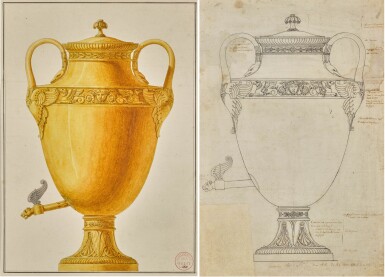 View full screen - View 1 of Lot 184. HENRI AUGUSTE | A) PRESENTATION DRAWING OF A TEA URN B) A WORKING SKETCH FOR THE SAME URN.